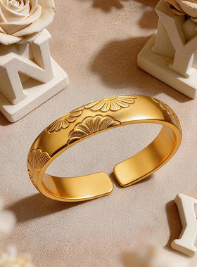 新中式国风越南沙金999不掉色12n大宽面太阳花开口复古手镯送妈妈