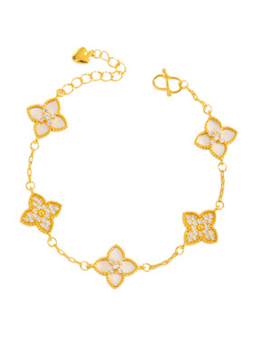 金店同款越南沙金999镶钻白贝四叶花手链新中式幸运四叶草手串女