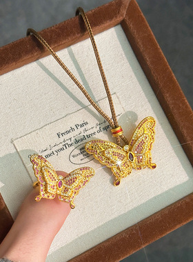 越南沙金999轻奢小众高级感满钻锆石双层大蝴蝶活口女戒沙金戒指