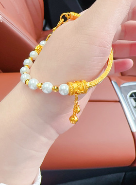 金店同款沙金六字真言流苏两世欢珍珠半镯手链设计高级感显气质