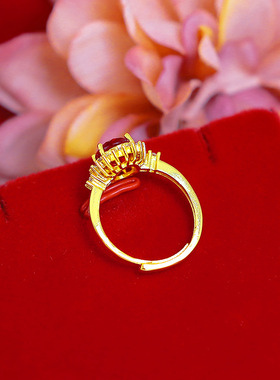 古法金日韩时尚女红宝石微镶钻戒越南沙金金红宝石钻戒女款高级感