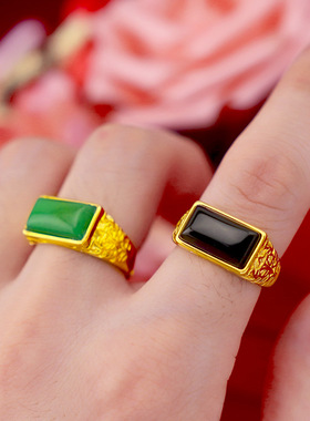 古法金开口男戒活口戒指越南沙金镶嵌宝石饰品金店款高级轻奢