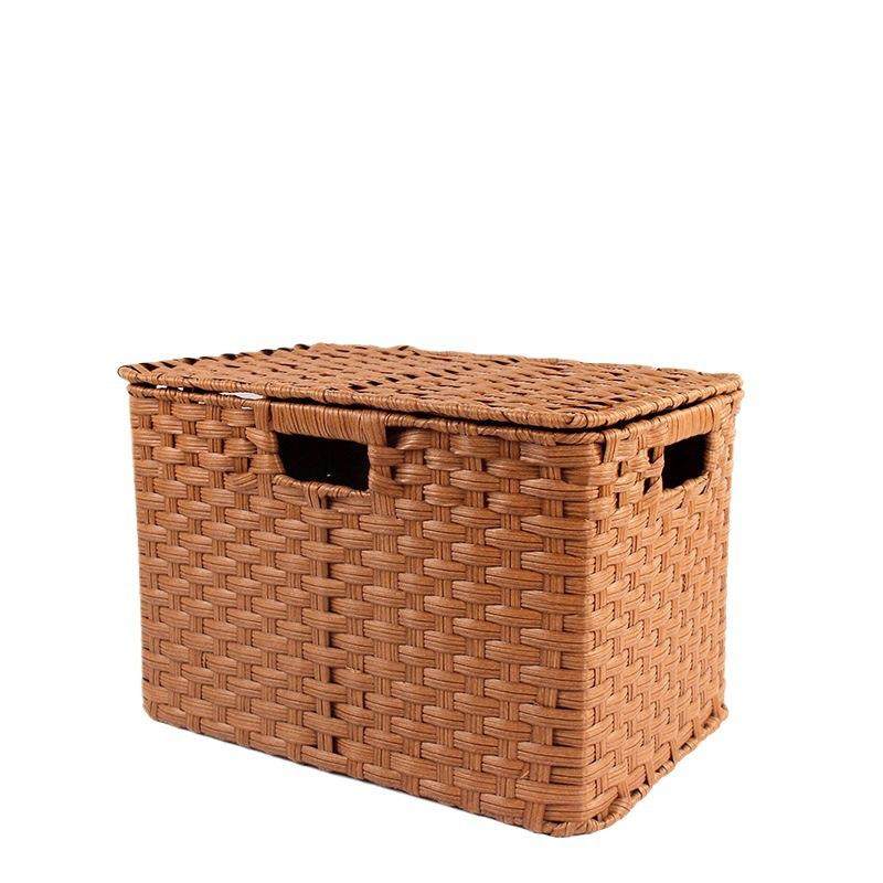 带盖仿藤编织收纳筐多功能整理收纳篮带把手家用卧室杂物储物盒,淘宝优惠券,粉丝福利购,淘宝优惠卷