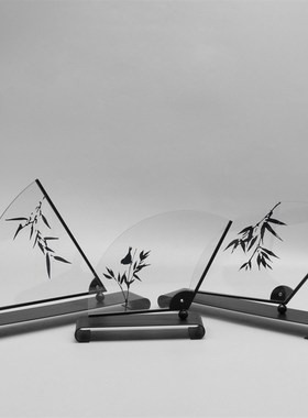 新中式现代禅意扇竹叶印花亚克力摆件创意客M厅书房玄关酒柜装饰