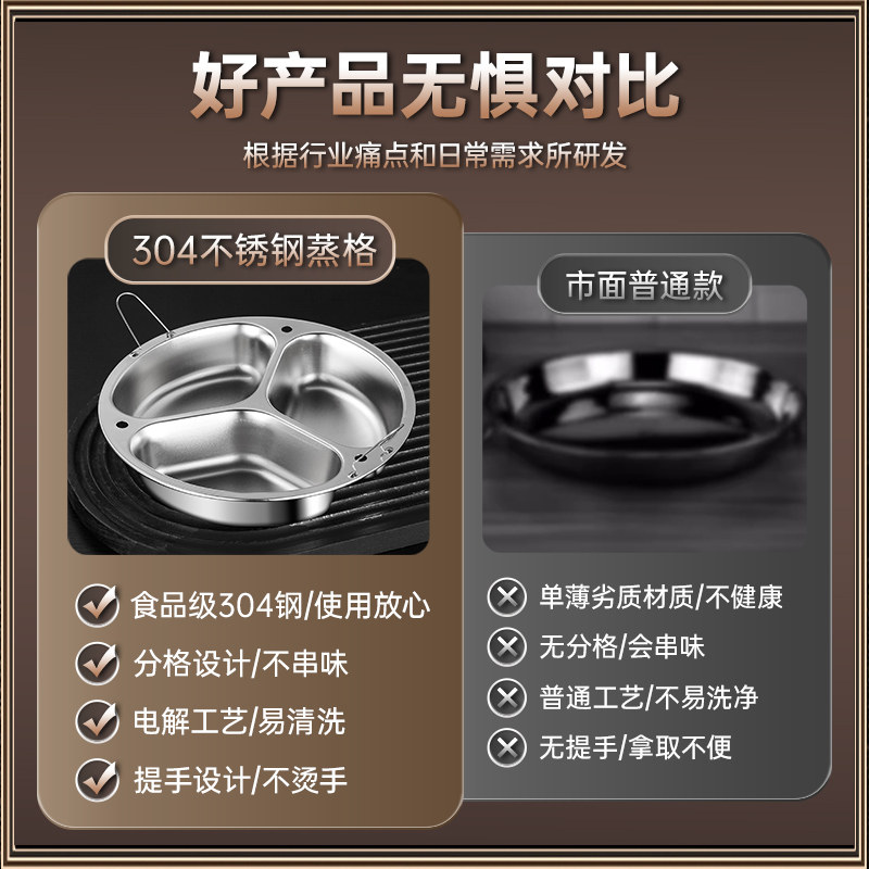 Yuanyang steaming plate 304 stainless steel three-compartment steaming bowl steaming vegetable plate steamer rice cooker inner steaming grid steamer basket steamer