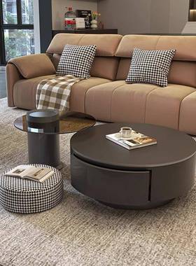 意式轻奢极简岩板客厅家用圆形玻璃茶几现代小户型桌子组合高级感