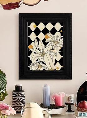 法式画棋盘格郁金香装饰画中古小众艺术墙面上挂画客厅壁画实木框
