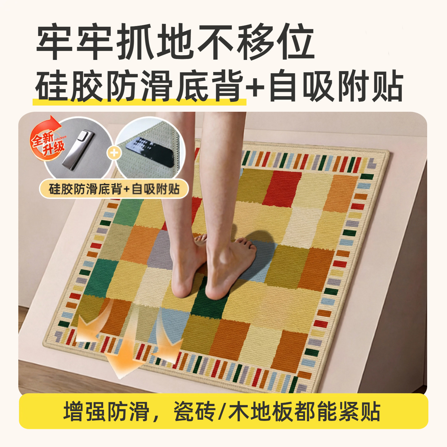 Special anti-slip, water-absorbent, no-clean wipeable floor mats for the kitchen