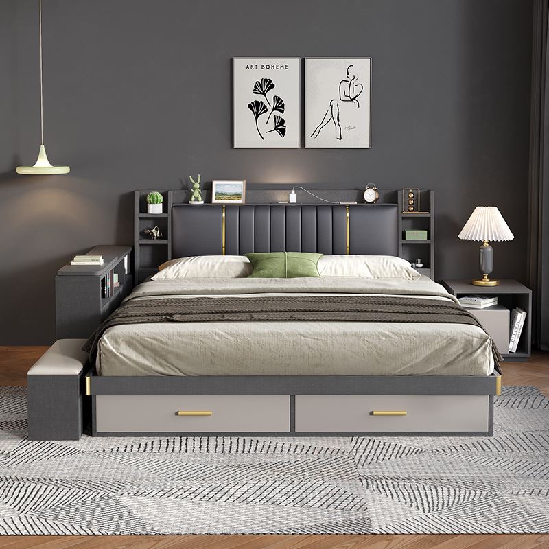 床现代简约储物1.8米主卧高端大气双人床多功能床柜轻奢板式床-图0