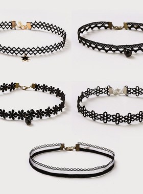 网红项链女锁骨脖子饰品项圈百搭C气质简约黑色蕾丝绑带劲短款颈