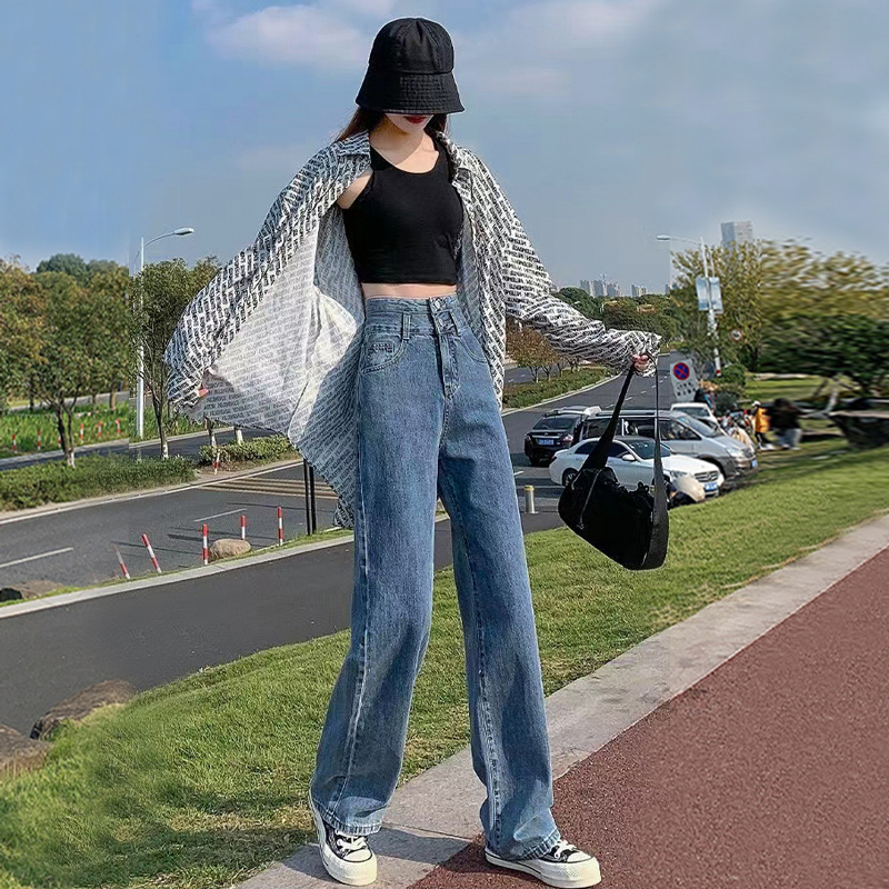 新款高腰修身水洗牛仔裤韩版女阔腿