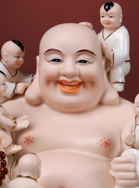 戴玉堂 陶瓷笑佛大肚佛佛像居家家供摆件 坐古莲描金彩五子弥勒佛