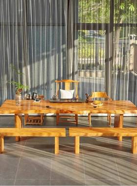 新中式实木茶桌茶馆办公室接待整板自然边茶桌椅大板泡茶桌子