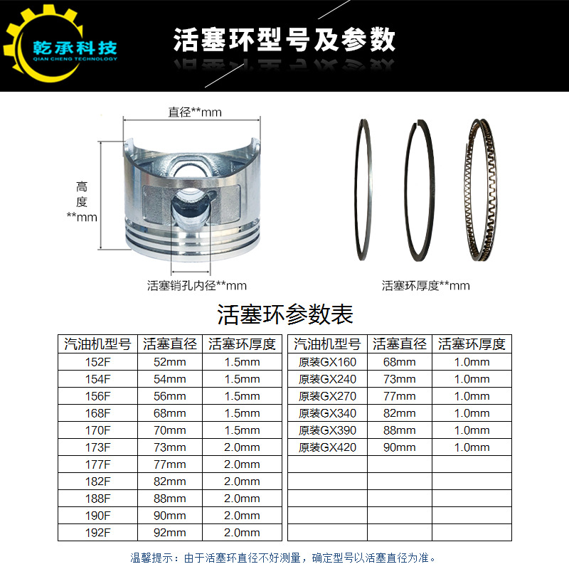 汽油发电机水泵配件152F168F170F177F188F190F192GX160/390活塞环-图2