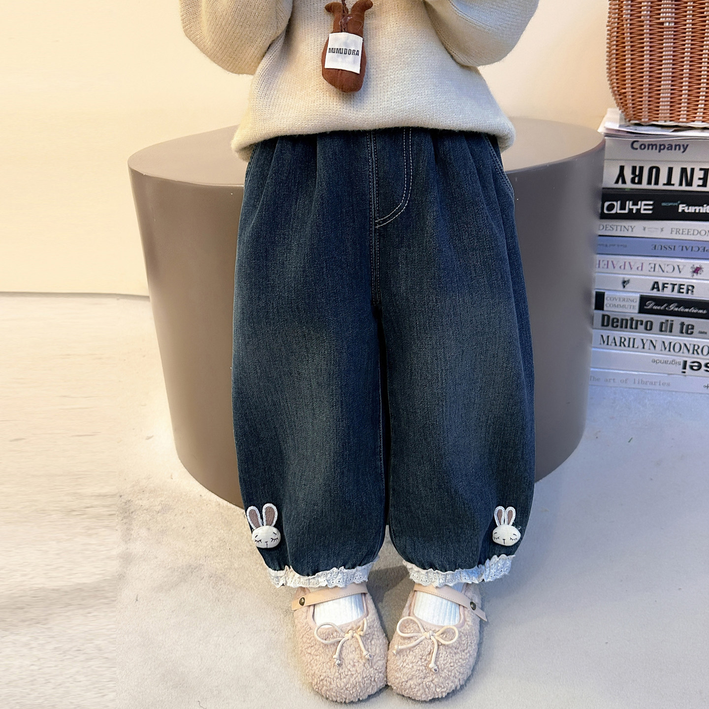 女童裤子2025秋冬新款加绒女童牛仔裤中小童超软百搭花边束脚裤,淘宝优惠券,粉丝福利购,淘宝优惠卷