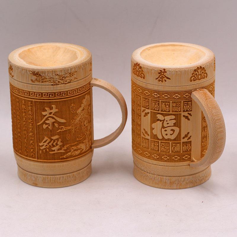 竹制带盖本色竹杯 带把喝水茶杯阳雕雕刻带柄杯工艺礼品杯子包邮 - 图1