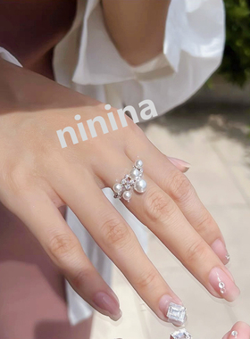 ninina满天星不规则亮闪bling施家珍珠戒指925银开口可调节00201