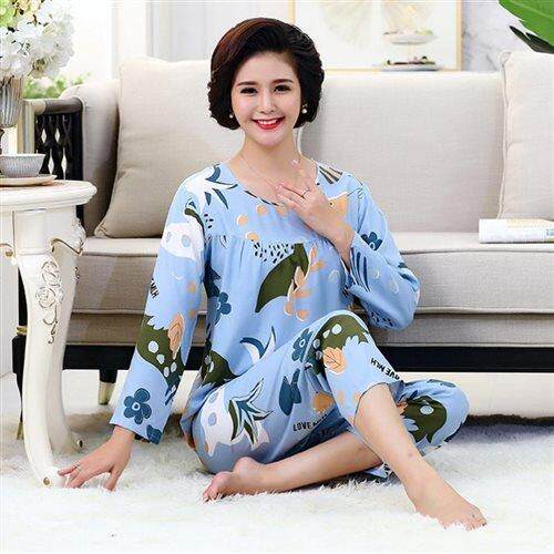 棉绸睡女夏长l袖。妈中老年妈K45125绵绸套装夏季人造衣棉老人家