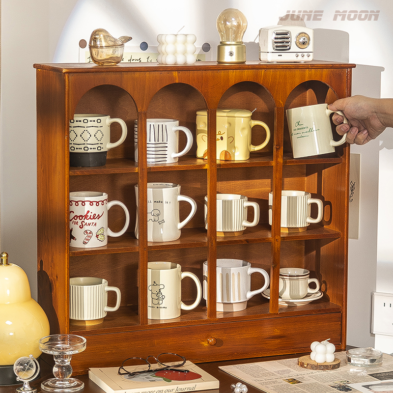 分格拱形实木收纳盒客厅茶具整理办公室桌面杯子茶杯抽屉式置物架 - 图0