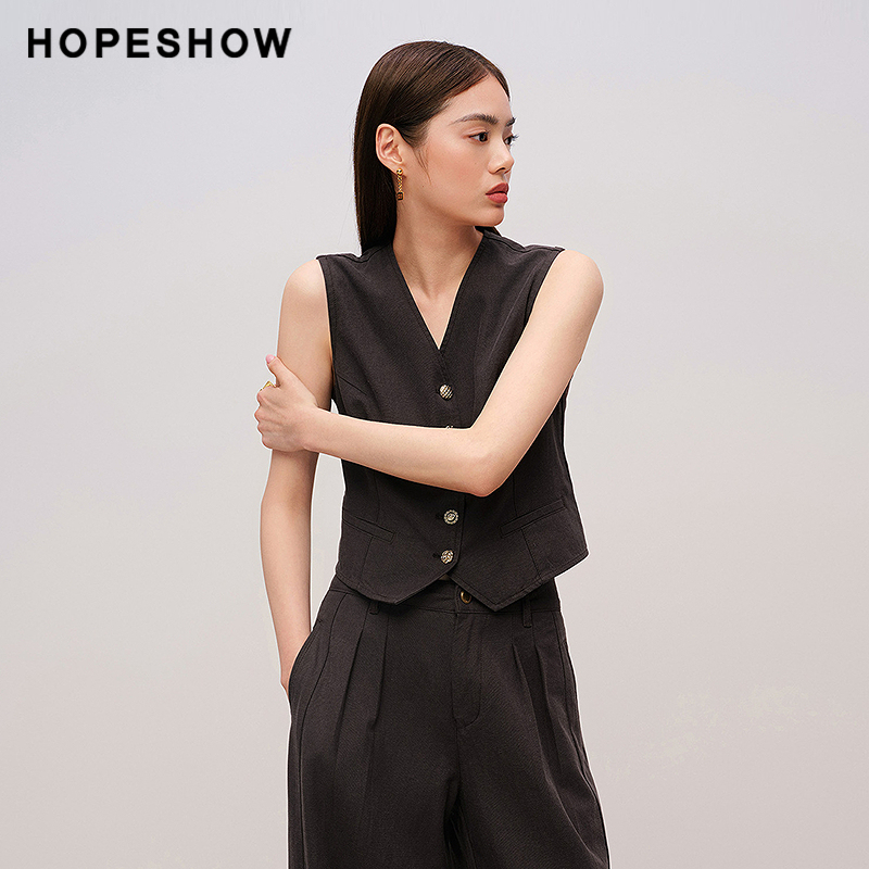 红袖商场同款HOPESHOW2025秋新款女装撞色单排扣收腰V领短款马甲 - 图0