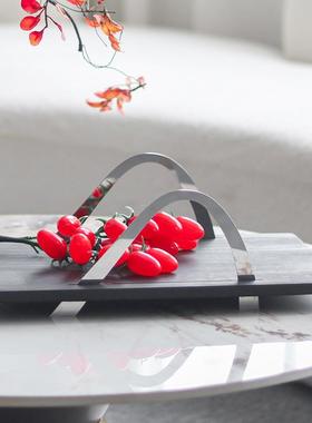 样板房软装饰品金属提手拱桥实木托盘摆件家居客厅茶几收纳盘摆设