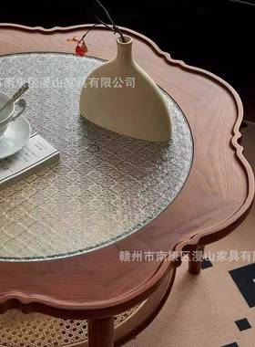 复古实木茶几家用小户型客厅茶几沙发边海棠玻璃圆形圆几中古美式