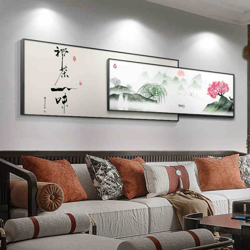 新中式客厅沙发背景墙装饰画山水风景叠加挂画茶室办公室禅意壁画 - 图2