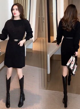 中长款毛衣连衣裙女装春秋季2024新G款小个子红色内搭长袖针织裙