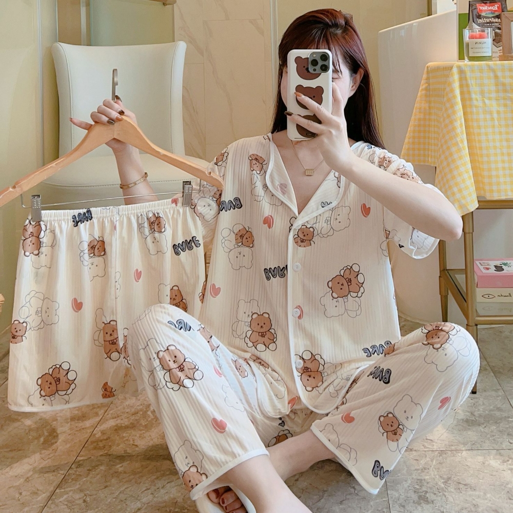 夏季韩版冰丝睡衣三件套