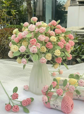 泡泡多头玫瑰花钩针编织手工diy毛线花束送女友闺蜜情人节礼物