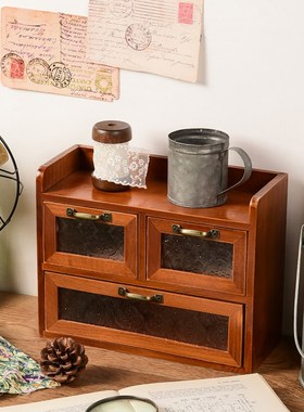 实木化妆台桌面整理置物摆件zakka抽屉床头装饰架复古收纳柜摆设