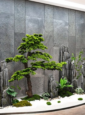 室内大型中庭景观酒店大堂会所彷真迎客松造景天井形象墙装饰布置