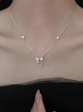 新款足银s925蝴蝶结银项链女轻奢小众设计高级感锁骨链送女友