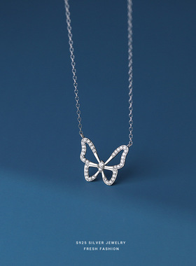 新款S925纯银镶钻镂空蝴蝶项链女韩版网红同款锁骨链小众高级感