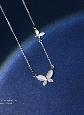 新款蝴蝶猫眼石项链女锁骨链S925足银网红同款韩版吊坠简约个性