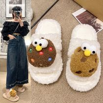 Exploits gross wool slippers female outside wearing 2023 new cute cartoon thick bottom home non-slip warm lined cotton slippers