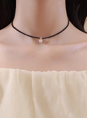 韩国黑色珍珠项链女小众设计高级感精致颈链2024年新款爆款锁骨链