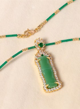 绿色几何中国国潮气质优雅微镶锆石个性绳L链时尚质感复古项链饰