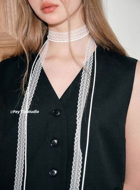 feytiy 叠戴层次感设计蕾丝飘带细窄女春夏百搭锁骨颈带丝巾项链