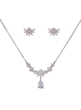 新娘锆石项链耳环二件套韩式简约红珍珠吊坠婚纱礼服配饰结婚饰品