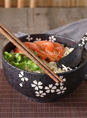 磨砂哑光黑色陶瓷面碗汤碗大饭碗筷勺G子日式泡面碗拉面碗料理餐