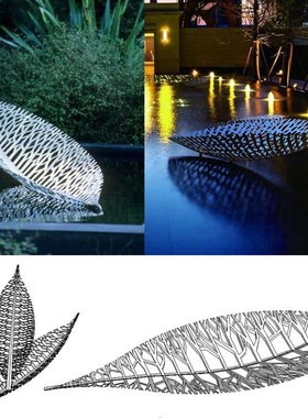 户外不锈钢镜面镂空树叶雕塑园林售楼部营销M中心草坪景观装饰摆