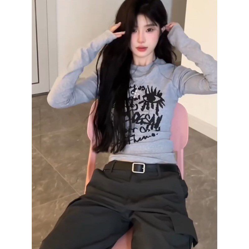 美式复古插肩涂鸦印花长袖t恤女春秋H冬紧身打底内搭显瘦辣妹上衣