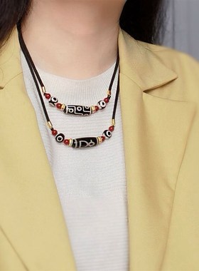 藏式九眼天珠项链民族风女小众设计感情侣配饰新中式复古毛衣链男