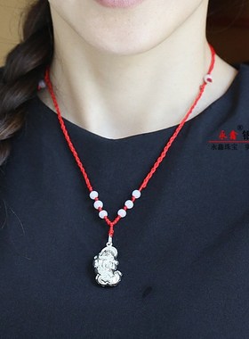 9999福999纯银吊坠女复古民族风貔貅挂坠新男款项链银皮貅