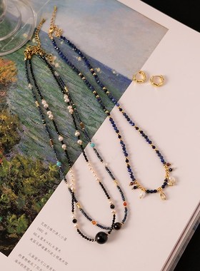手工系列多色高级天然石串珠细项链度假风饰品复古叠戴珍珠锁骨链