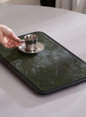 意式轻奢风茶几氛围感绿色马毛木质托盘长方形首饰U茶杯装饰盘摆