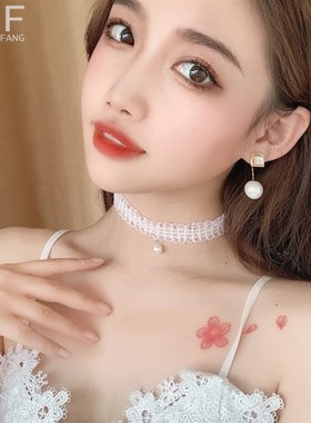 超仙气无扣系带蕾丝珍珠白色颈带短款项链项圈简约锁骨链脖子饰品