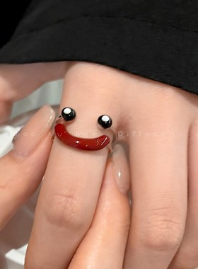 丑萌可爱笑脸开口戒指女小众设计感食指戒童趣个性稀Y奇古怪的指