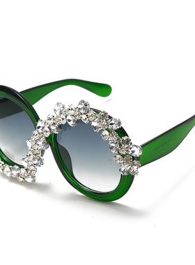 欧美ins新款眼镜夸张镶钻大框圆形太阳镜女士时尚墨镜sunglasses